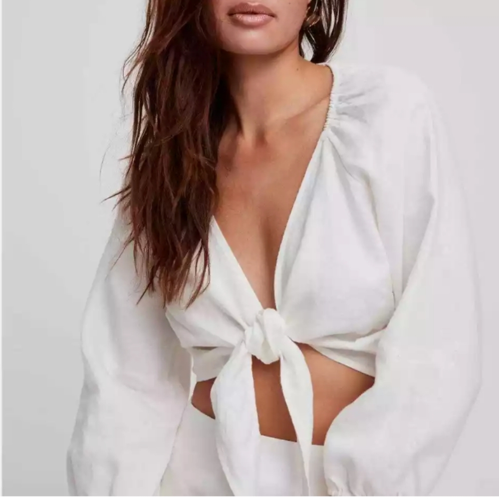 Reformation Linen Tie Front Flutter Sleeve Blouse - image 1